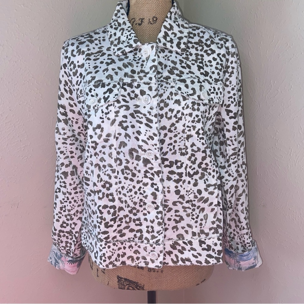 Tommy Bahama Two Palms Raw Edge Linen Jacket Medium Leopard Print